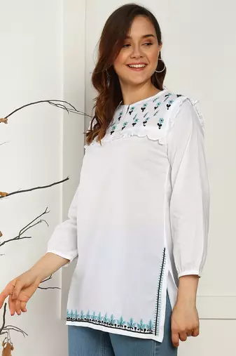 hand embroidered lucknow chikankari a-line white cotton kurti for women