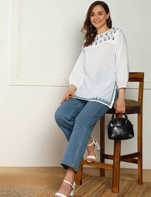 hand embroidered lucknow chikankari a-line white cotton kurti for women 3