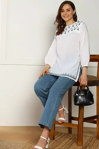 hand embroidered lucknow chikankari a-line white cotton kurti for women