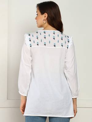 hand embroidered lucknow chikankari a-line white cotton kurti for women 4