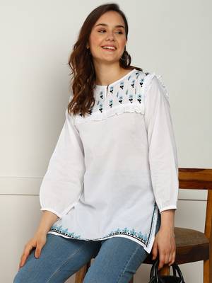 hand embroidered lucknow chikankari a-line white cotton kurti for women 5