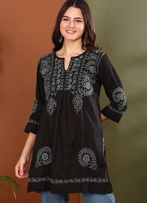 Hand embroidered lucknow chikankari a-line black cotton kurti for women 1