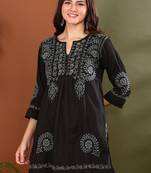Hand embroidered lucknow chikankari a-line black cotton kurti for women