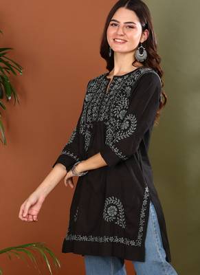 Hand embroidered lucknow chikankari a-line black cotton kurti for women 2