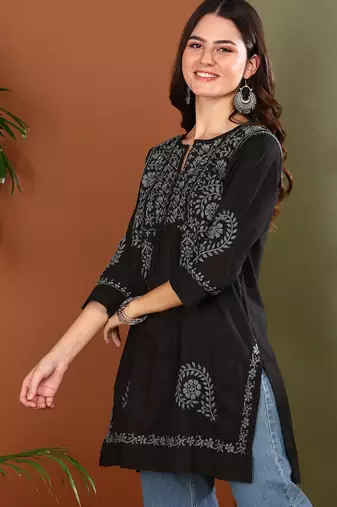 Hand embroidered lucknow chikankari a-line black cotton kurti for women