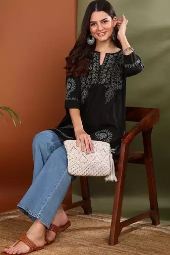 Hand embroidered lucknow chikankari a-line black cotton kurti for women