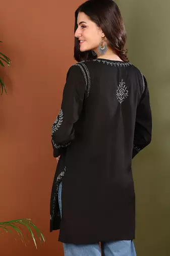 Hand embroidered lucknow chikankari a-line black cotton kurti for women