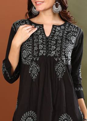 Hand embroidered lucknow chikankari a-line black cotton kurti for women 5