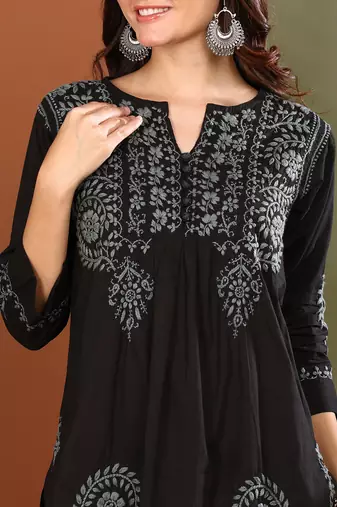Hand embroidered lucknow chikankari a-line black cotton kurti for women