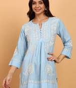 Hand embroidered lucknow chikankari a-line blue cotton kurti for women