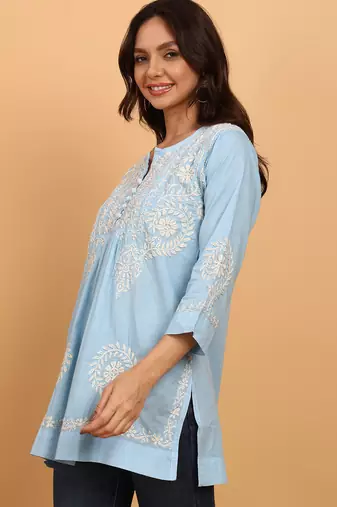 Hand embroidered lucknow chikankari a-line blue cotton kurti for women
