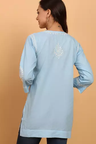 Hand embroidered lucknow chikankari a-line blue cotton kurti for women