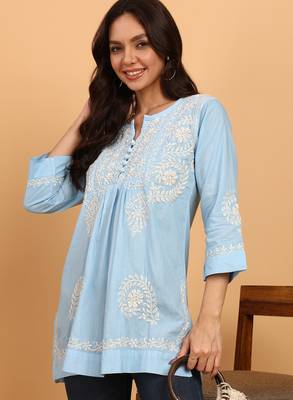 Hand embroidered lucknow chikankari a-line blue cotton kurti for women 5