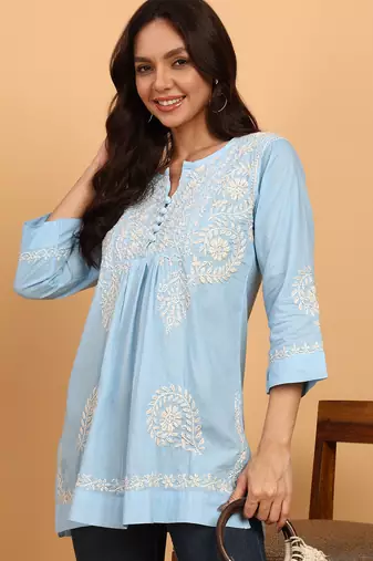 Hand embroidered lucknow chikankari a-line blue cotton kurti for women