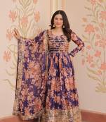 Russian Silk Multi-Sequins Embroidered Stitched Gown with Dupatta     Purple