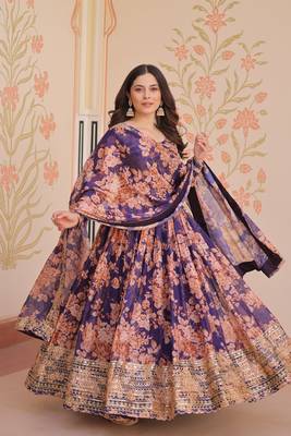 Russian Silk Multi-Sequins Embroidered Stitched Gown with Dupatta     Purple 2