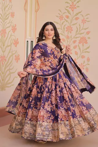 Russian Silk Multi-Sequins Embroidered Stitched Gown with Dupatta     Purple