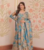 Russian Silk Embroidered Stitched Gown with Dupatta     Sky Blue