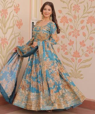 Russian Silk Embroidered Stitched Gown with Dupatta     Sky Blue 3