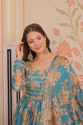 Russian Silk Embroidered Stitched Gown with Dupatta     Sky Blue 4