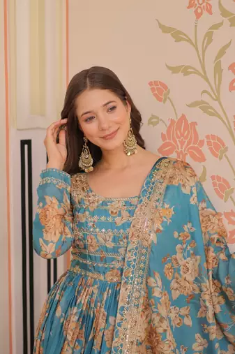 Russian Silk Embroidered Stitched Gown with Dupatta     Sky Blue