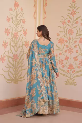 Russian Silk Embroidered Stitched Gown with Dupatta     Sky Blue