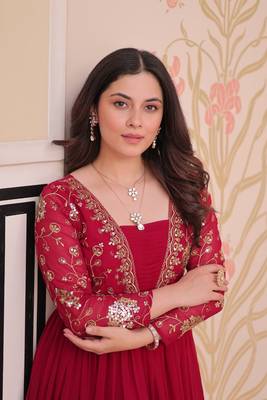 Faux Blooming Embroidered Stitched Gown with Dupatta     Pink | 56" Length 1