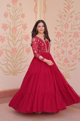 Faux Blooming Embroidered Stitched Gown with Dupatta     Pink | 56" Length 2