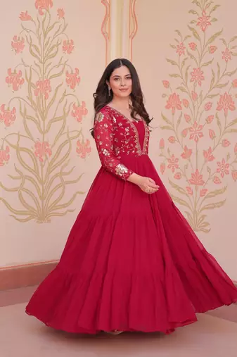 Faux Blooming Embroidered Stitched Gown with Dupatta     Pink | 56" Length