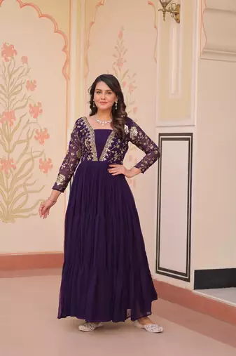 Faux Blooming Embroidered Stitched Gown with Dupatta     Purple | 56" Length