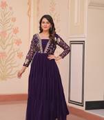 Faux Blooming Embroidered Stitched Gown with Dupatta     Purple | 56" Length
