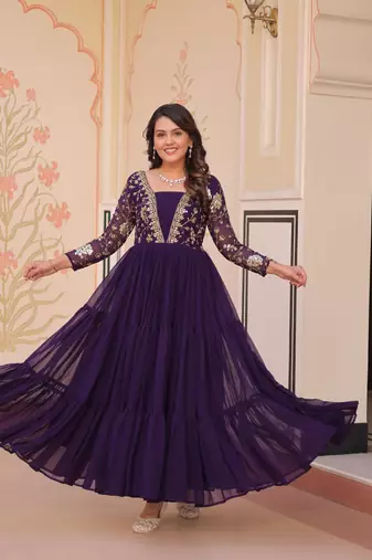 Faux Blooming Embroidered Stitched Gown with Dupatta     Purple | 56" Length