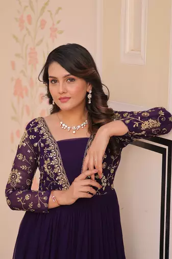Faux Blooming Embroidered Stitched Gown with Dupatta     Purple | 56" Length