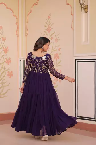Faux Blooming Embroidered Stitched Gown with Dupatta     Purple | 56" Length