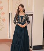 Faux Blooming Embroidered Stitched Gown with Dupatta     Rama Green | 56" Length