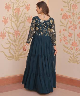 Faux Blooming Embroidered Stitched Gown with Dupatta     Rama Green | 56" Length 2