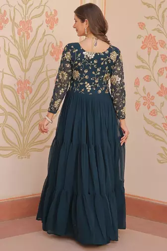 Faux Blooming Embroidered Stitched Gown with Dupatta     Rama Green | 56" Length
