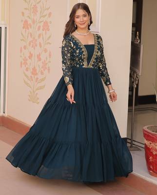 Faux Blooming Embroidered Stitched Gown with Dupatta     Rama Green | 56" Length 5