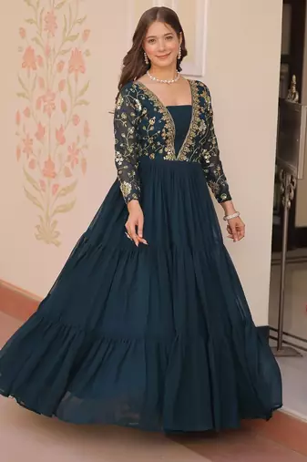 Faux Blooming Embroidered Stitched Gown with Dupatta     Rama Green | 56" Length