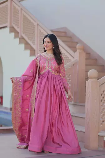Gold-Crush Fabric Embroidered Stitched Gown with Dupatta     Pink | 56" Length