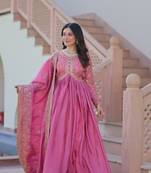 Gold-Crush Fabric Embroidered Stitched Gown with Dupatta     Pink | 56" Length