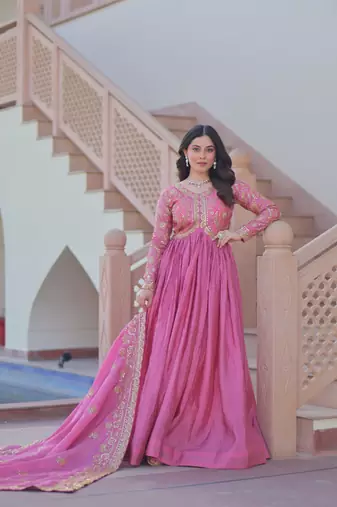 Gold-Crush Fabric Embroidered Stitched Gown with Dupatta     Pink | 56" Length
