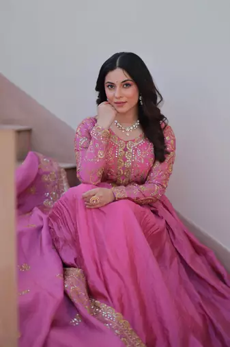 Gold-Crush Fabric Embroidered Stitched Gown with Dupatta     Pink | 56" Length
