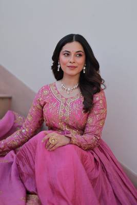 Gold-Crush Fabric Embroidered Stitched Gown with Dupatta     Pink | 56" Length 4