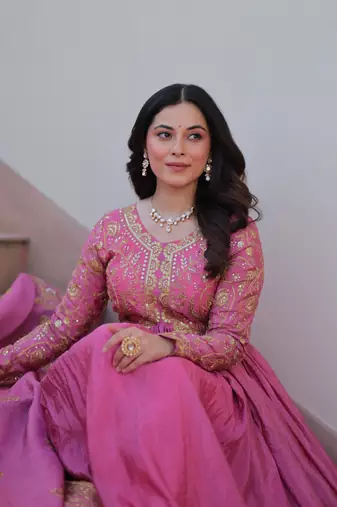 Gold-Crush Fabric Embroidered Stitched Gown with Dupatta     Pink | 56" Length