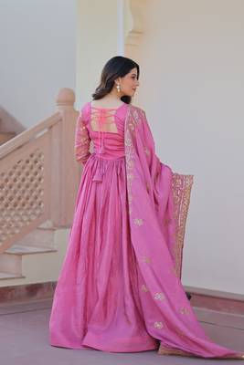 Gold-Crush Fabric Embroidered Stitched Gown with Dupatta     Pink | 56" Length 5