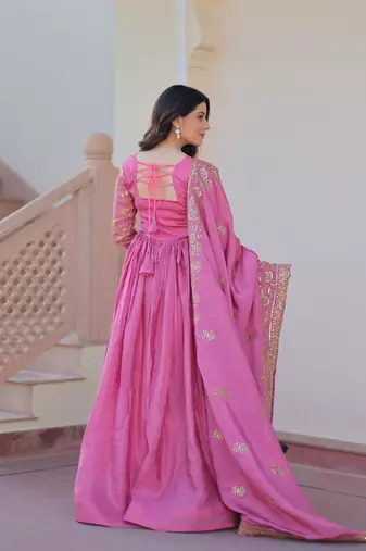 Gold-Crush Fabric Embroidered Stitched Gown with Dupatta     Pink | 56" Length