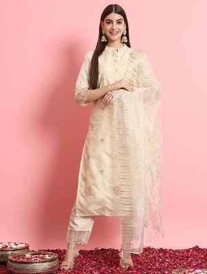Silk blend beige casual wear embroidery work kurta set 1