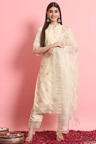 Silk blend beige casual wear embroidery work kurta set