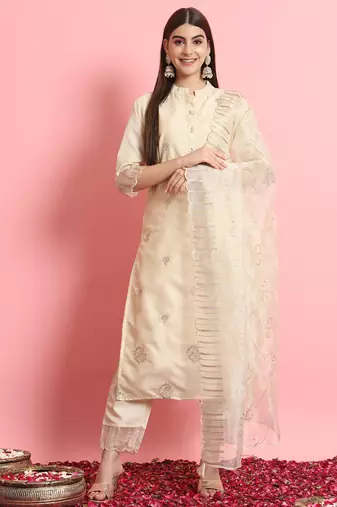 Silk blend beige casual wear embroidery work kurta set